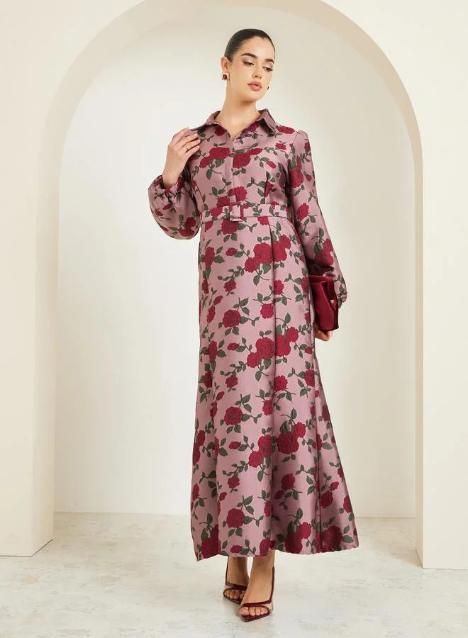 Styli  Women Pink Floral Long Sleeves A-Line Maxi Dress for Women | Best Price UAE